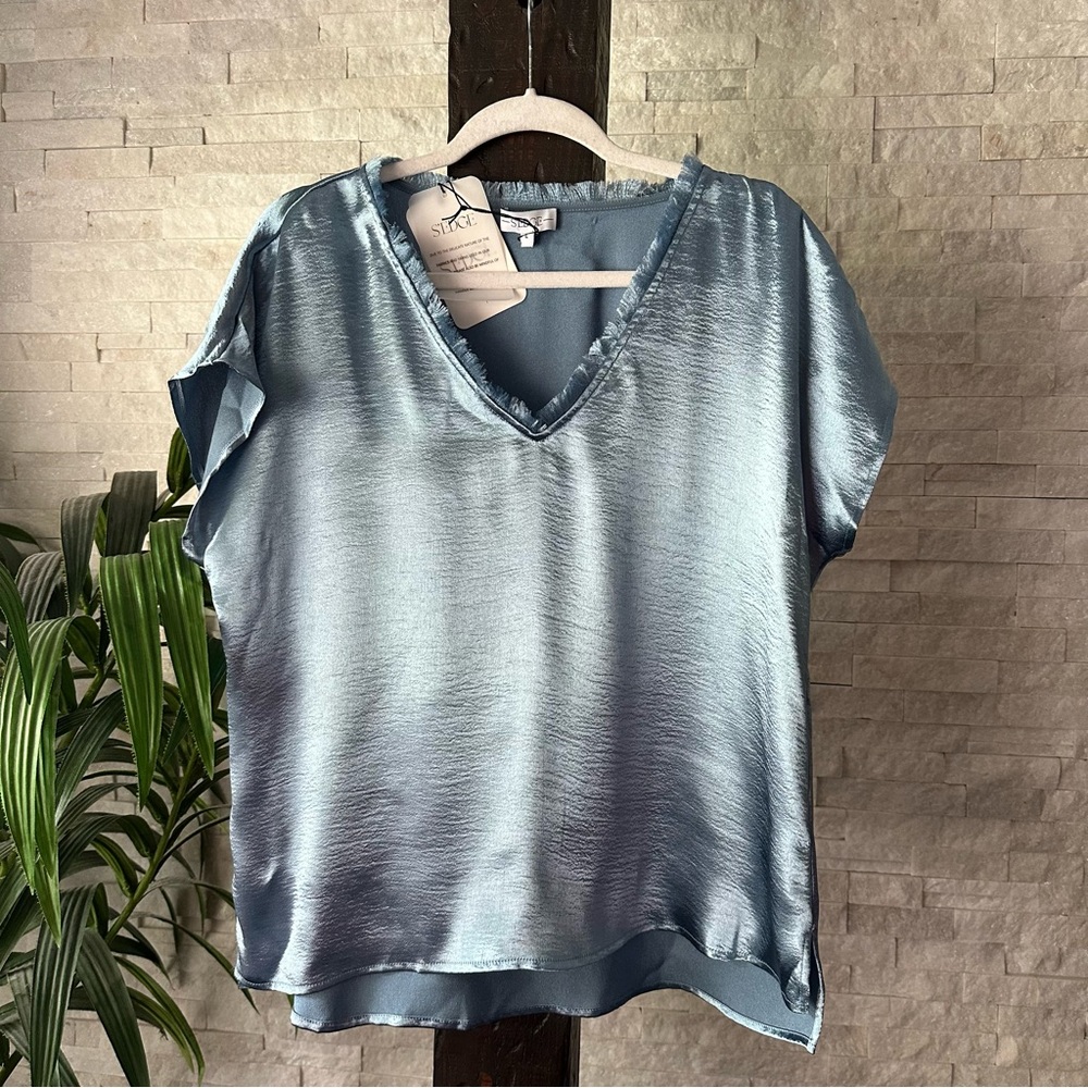 S’EDGE “Astor” Shiny Blue v neck Blouse Size L New with Tags